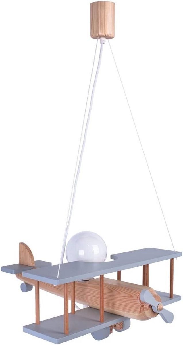 Houten Kinderkamer Plafondlamp Vliegtuig - Hanglamp voor Baby- en Kinderkamer - Grijs/Natu