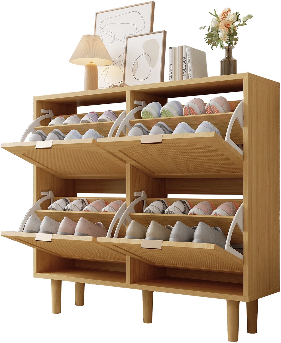 YYchan Luxe Schoenenkast met 4 Kleppen - Rattan Schoenenrek - Industrieel & Landelijk Design - Donkerbruin Hout - Voor Hal & Slaapkamer - 100x25x90 cm
