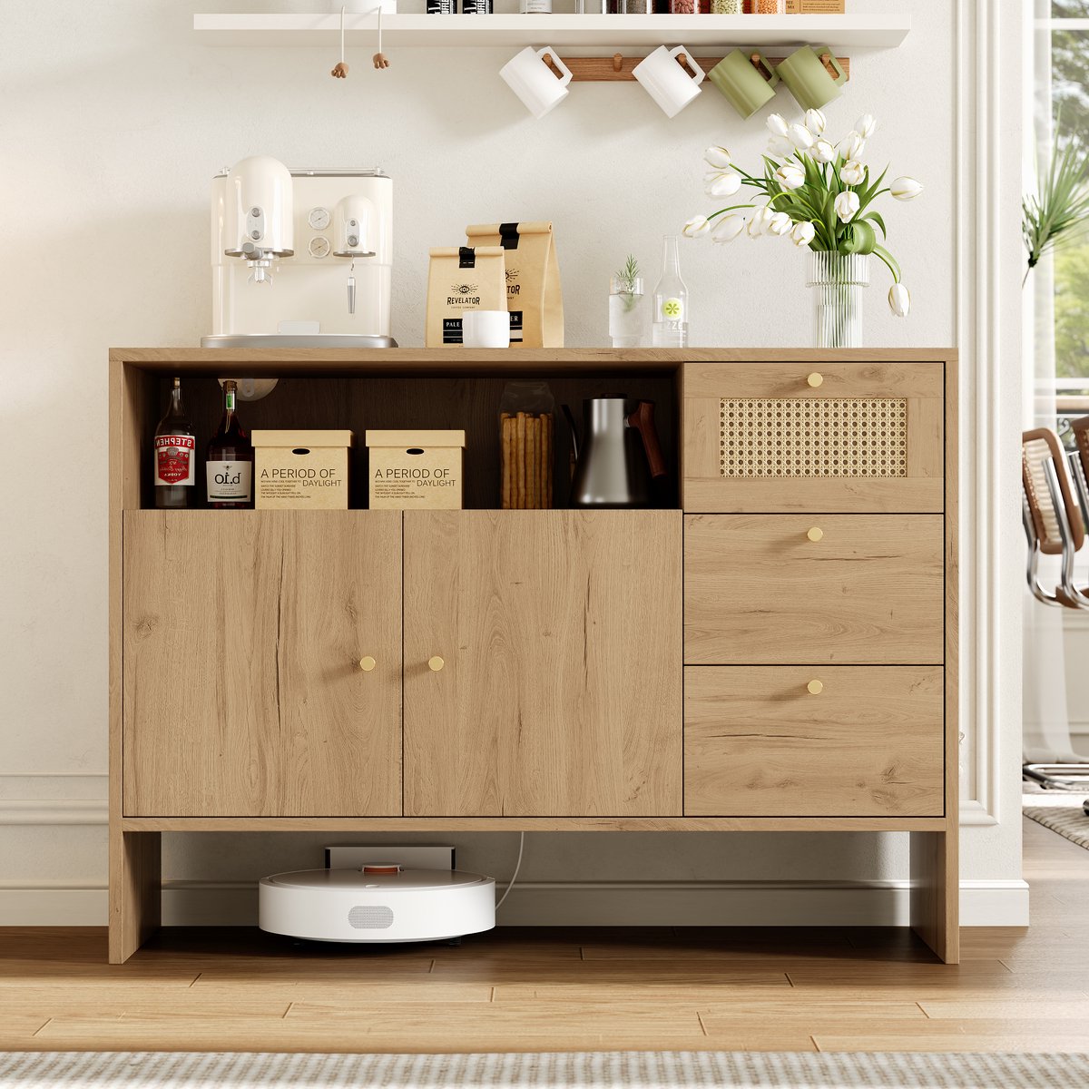 MODFU - Dressoir - 2 Deuren En 3 Laden - Rotanlook - Voor Keuken Of Woonkamer - Spaanplaat - Naturel - 105 X 40 X 76 Cm