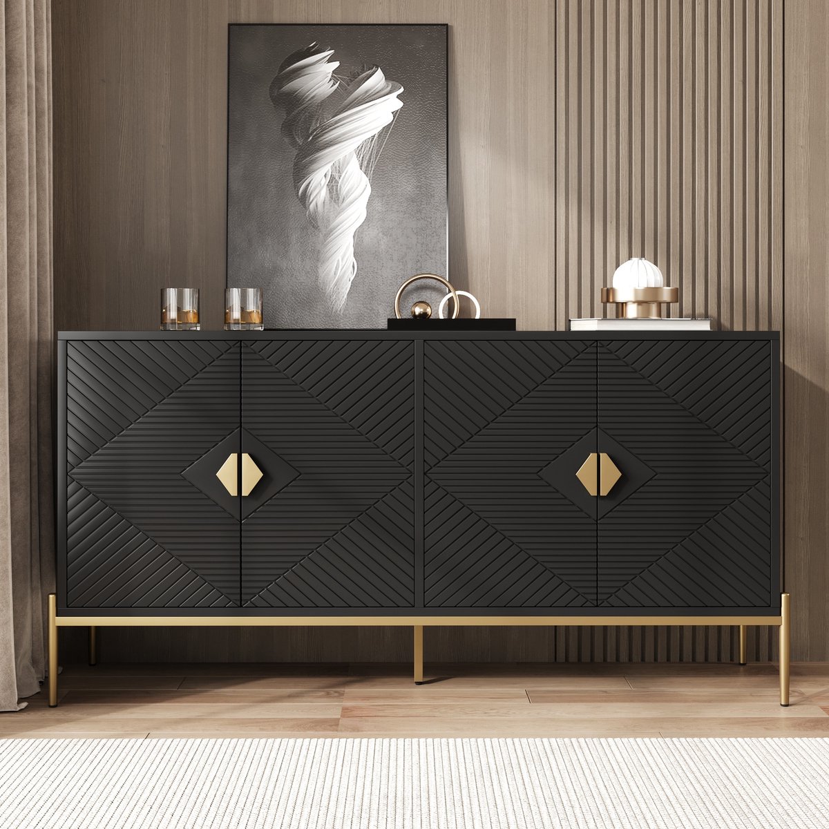 MODFU Sideboard - 4 Deuren En Geometrisch Patroon - Moderne Stijl - Voor Woonkamer Of Eetkamer - MDF En Spaanplaat - Zwart - 162 X 40 X 80 Cm