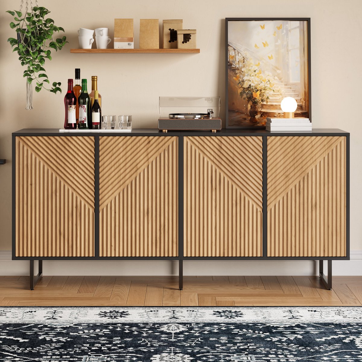 MODFU - Dressoir - 4 Deuren En Geribbeld Front - Symmetrisch Ontwerp - Voor Woonkamer - Spaanplaat - Naturel Houtkleur En Zwart - 160 X 40 X 75 Cm