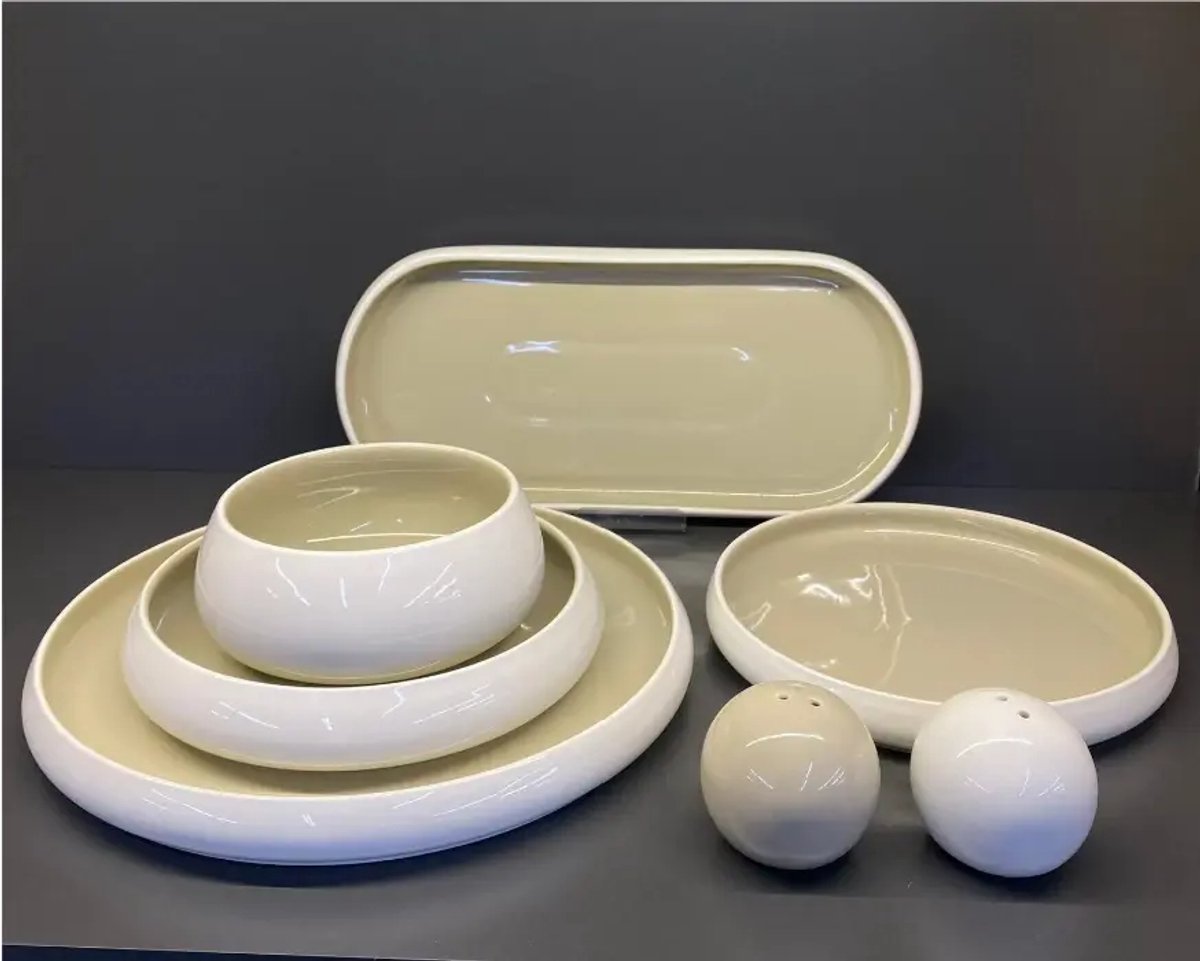 Bavary - serviesset - Chubby 27-delig - organisch ovaal - wit-taupe - keramiek, compleet voor 6 personen
