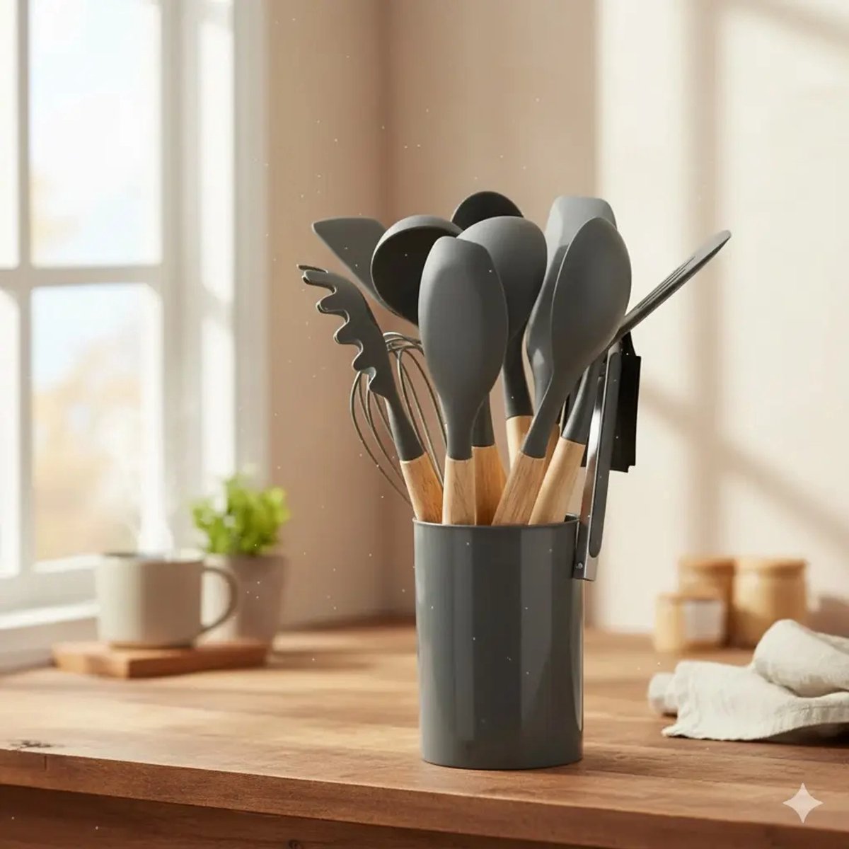 Bavary Collection - Siliconen Keukengerei - 12-delig - Hittebestendig - Crème - Houten handgrepen, antiaanbakveilig