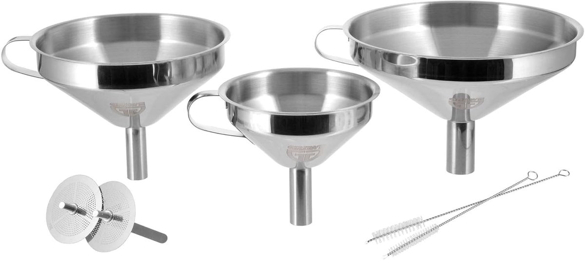3-delige Trechterset RVS met Zeef & Borstels - Keukentools