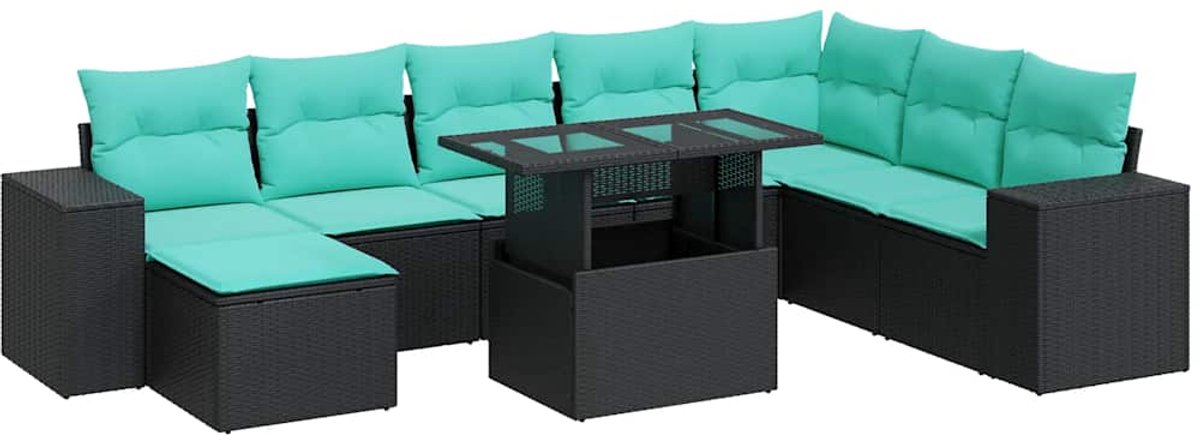 vidaXL 9-delige - Loungeset - met - kussens - poly - rattan - acacia - zwart