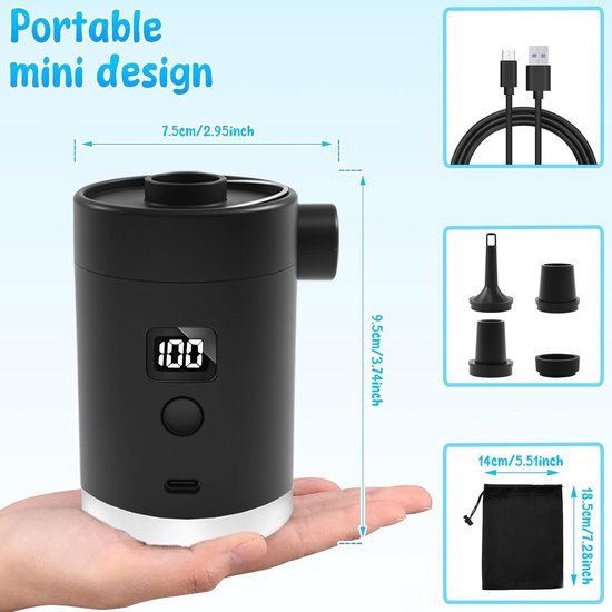 Elektrische Luchtpomp - Oplaadbare Accu Pomp - Snel Opblazen Leeglopen - Ingebouwde Campinglamp - Mini Draagbaar Design - Zwart Wit Opties — afbeelding 2