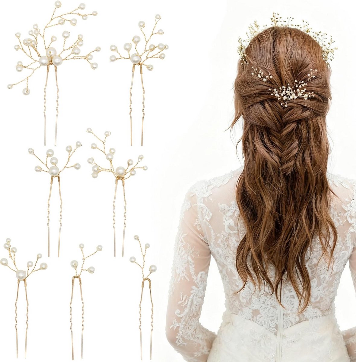 7-delige Set Parel Haarspelden Bruidsaccessoires met Bladgoud Decoratie