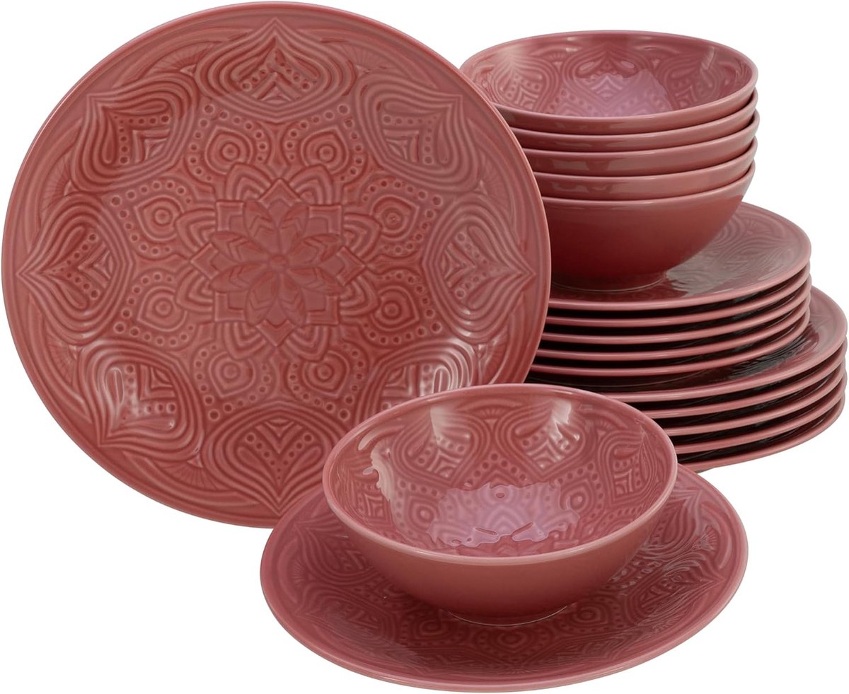 18-delige Porseleinen Servies Set Rood Mandala Decor Vaatwasser Geschikt