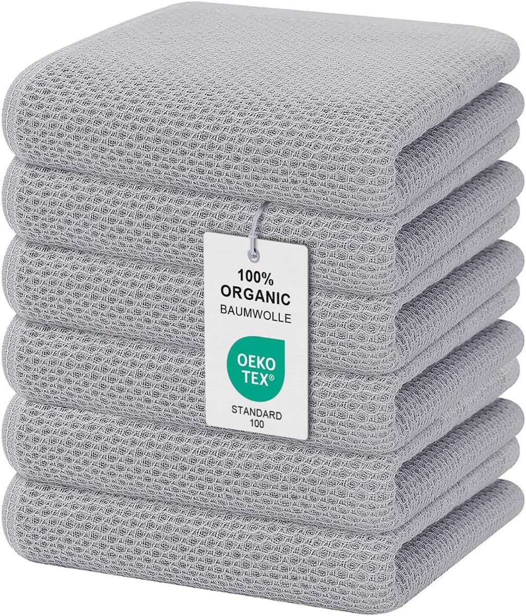 Set van 6 Keukendoeken Katoen – Zachte, Extra Absorberende Vaatdoeken Lichtgrijs 32x72 cm