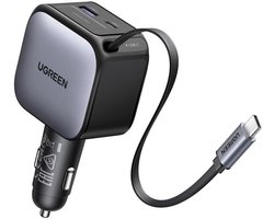UGREEN 3-in-1 sigarettenaansteker 90W intrekbare autolader 60W ingebouwde USB-C-kabel Auto-accessoires 12V autoadapter voor iPhone 17/16, Macbook, Galaxy S25/24, GPS etc.