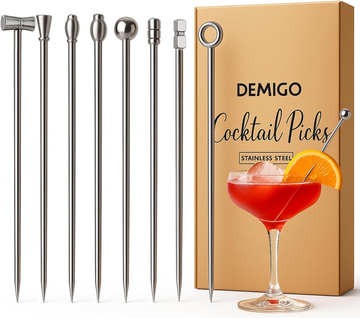 Cocktailprikkers Set RVS - 8 Stuks Herbruikbare Olijfprikkers voor Martini, Fruit & Hapjes