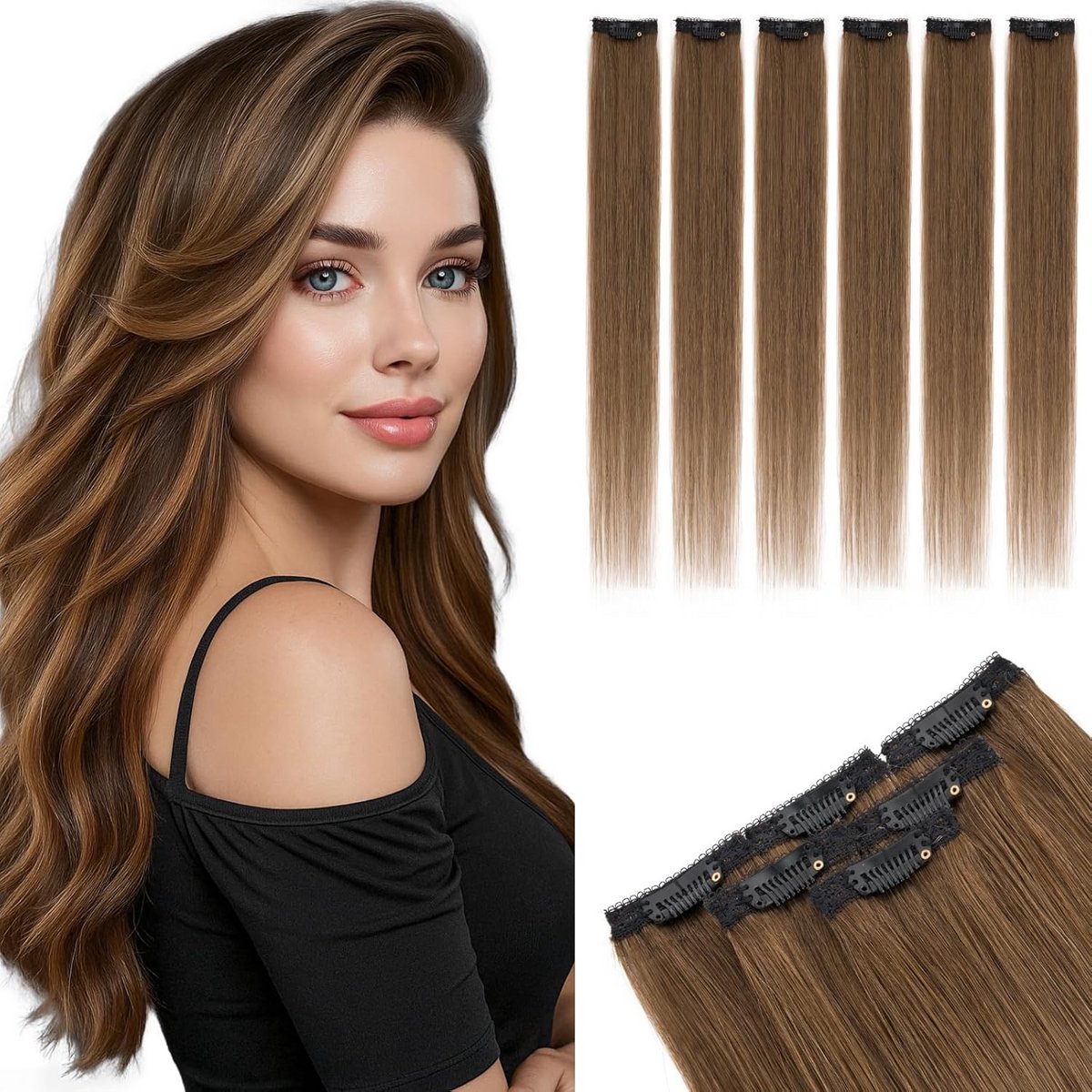 Echte Haar Clip-in Extensions 6 Delen 40 cm - Lichtbruine Highlights Haarverlenging