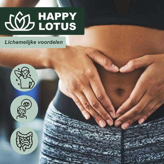 Vrouw met handen in een hartvorm op haar buik. Iconen tonen lichamelijke voordelen. Happy Lotus logo.