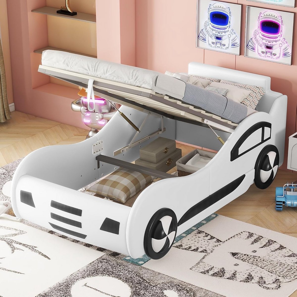 Kinderbed Auto met Opbergruimte 90x200 cm - Jongens en Meisjes Bed met Lattenbodem