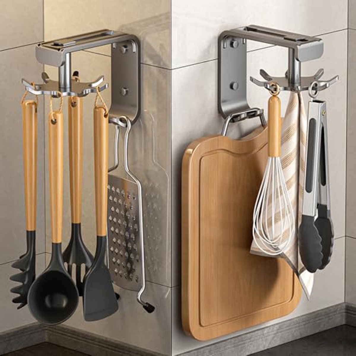 Ultiluxe® Keuken Hakenrek - 2 Stuks - Keukengerei Houder - Hakenleiste - 8 Haken - 360 Graden Draaibaar - Zonder Boren - Grijs