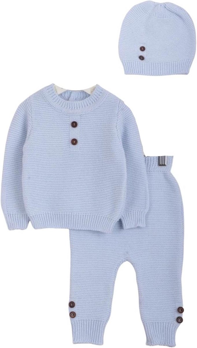 Gebreide Babyset 3-Delig: Trui, Broek en Muts - Katoenmix - Blauw - 0-3 Maanden