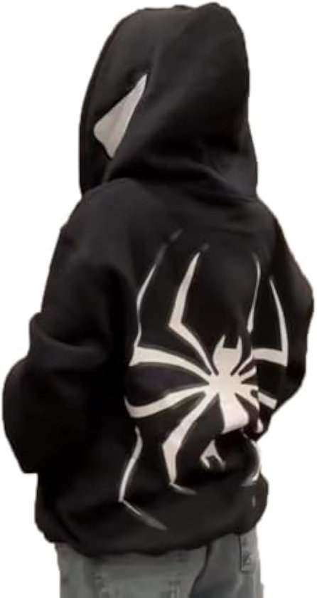 Zwarte hoodie met wit spinnenweb design op de rug.