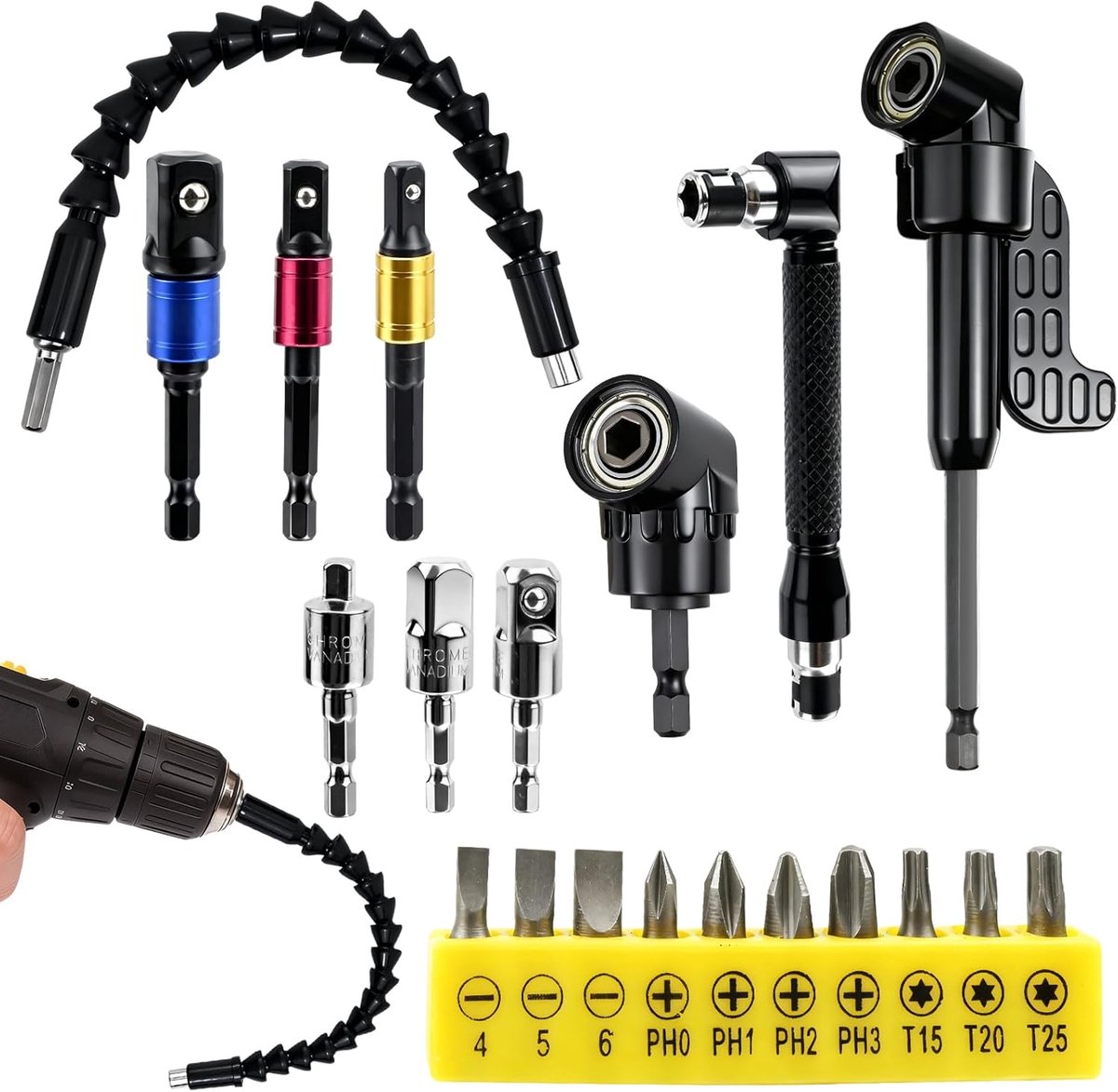 Hoekschroevendraaier Opzetstukken - Dopsleutel Adapter - Kleine Ruimtes - 105 Graden Hoek - 20 Stuks