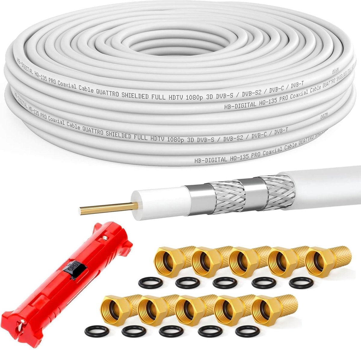 50m Satelliet Coaxkabel HQ 135dB PRO voor DVB-S/S2, DVB-C, DVB-T | Inclusief Stripper en 10 Vergulde F-Stekkers