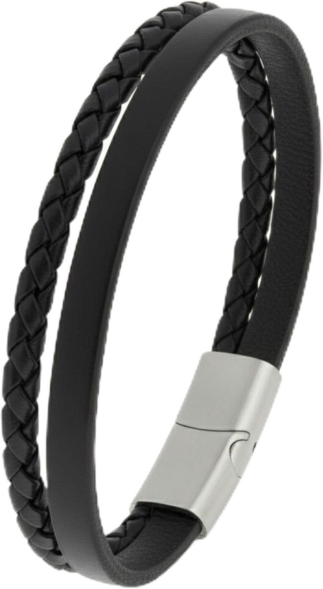 Leren Heren Armband met Roestvrijstalen Sluiting - Dubbele Band