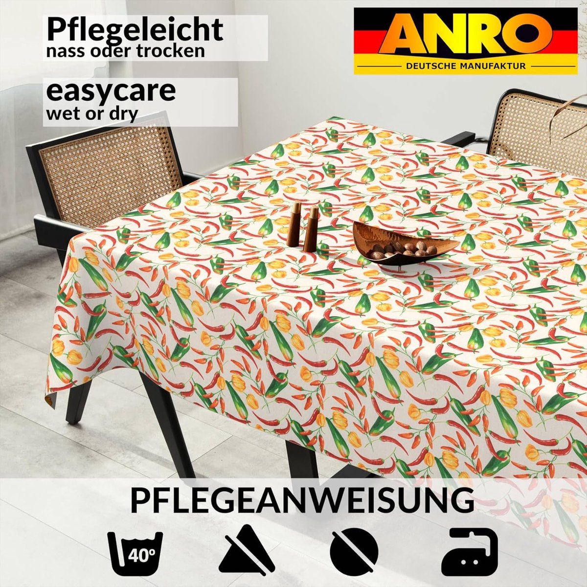 Wasbare, waterafstotende tafelkleed voor binnen en buiten, 350x140 cm, Chili kleur