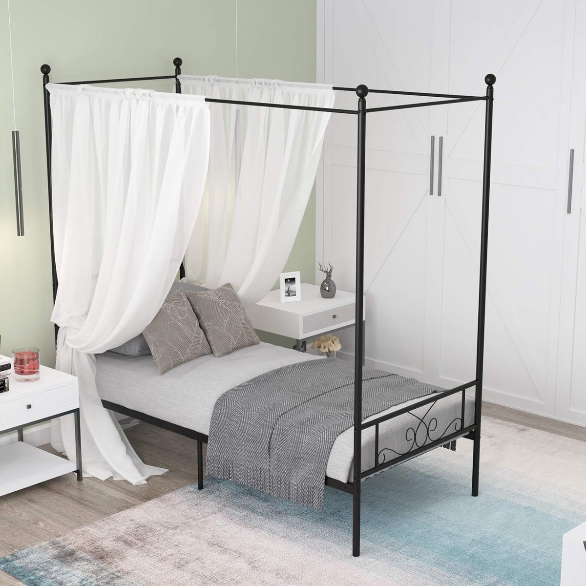 Metalen Hemelbed Twin Zwart - Stevig Platformbed met Hoofdeinde en Voetplank