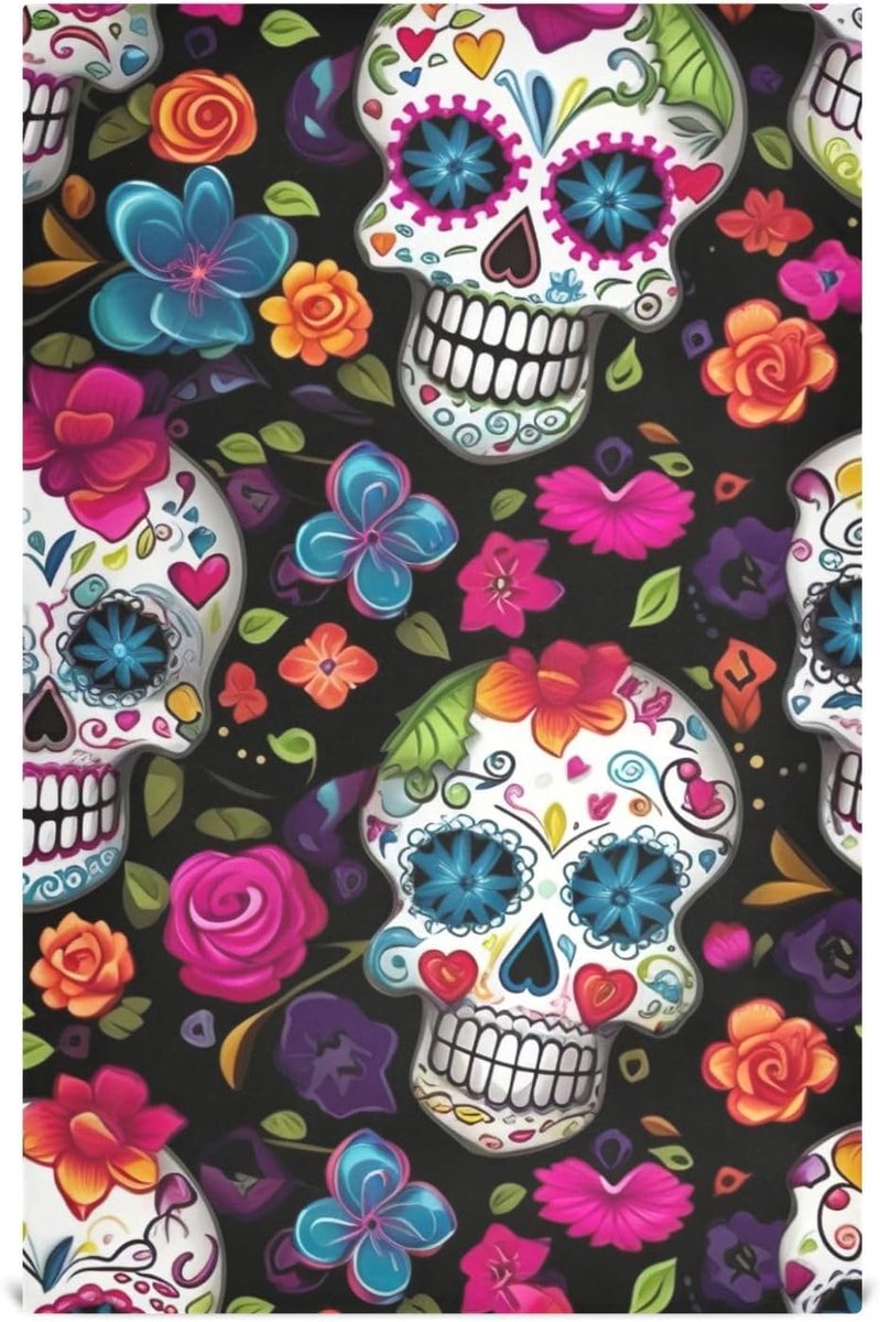 Set van 4 Absorberende Theedoeken met Bloem- en Schedelprint