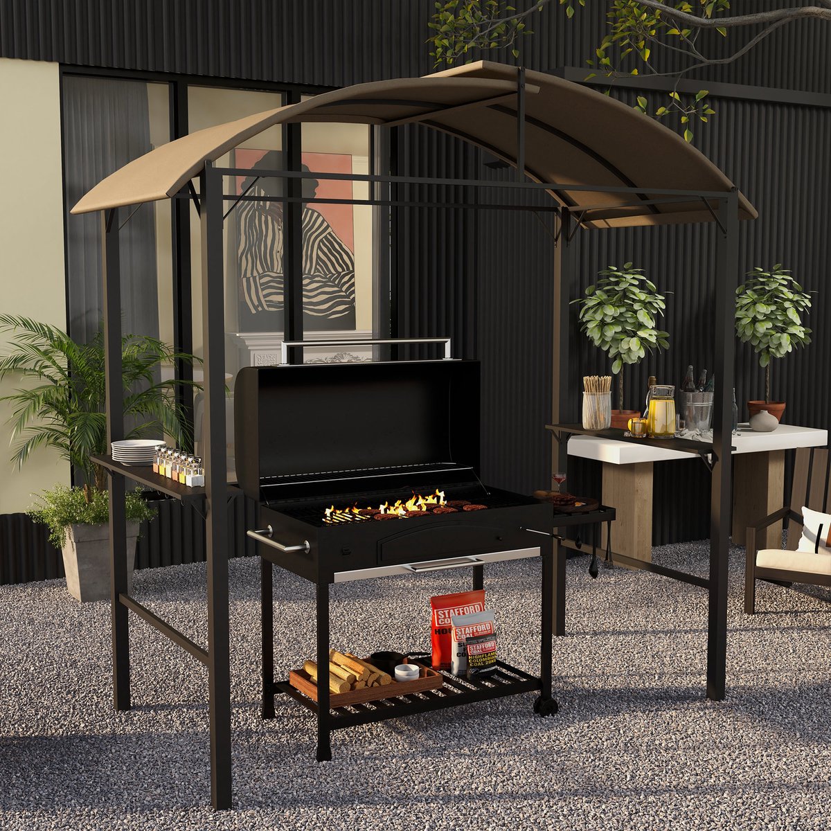 REDOM - Barbecuepaviljoen - Dubbel Dak Voor Ventilatie - Met Zijplanken En 7 Haken - Staal - Kaki - 233 X 110 X 235 Cm