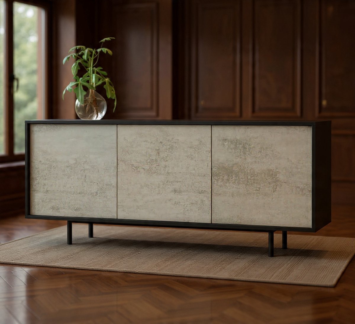 Dressoir Akia commode voor woonkamer of hal in antraciet met betonoxide deuren, 154x40x66 cm, metalen poten, push-to-open, modern lowboard met verstelbare planken-NoviHome