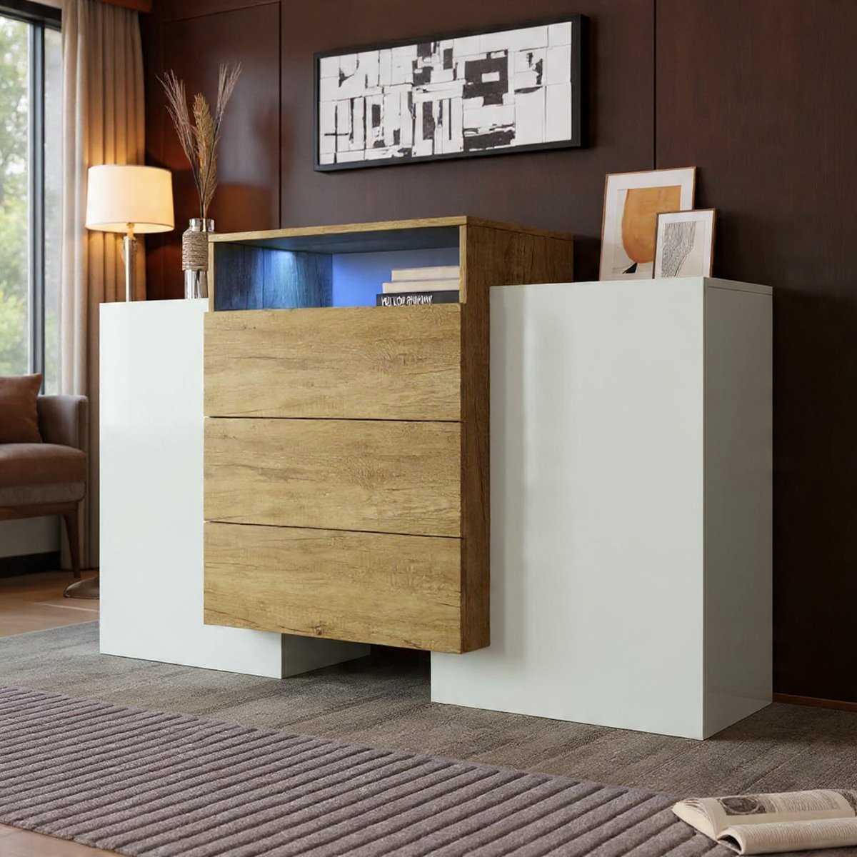 Huishouden en wonen, meubels, dressoir, moderne commode, kast 140 cm, hoogglans wit en houtkleur, meerkleurige LED-lichteffecten.-NoviHome