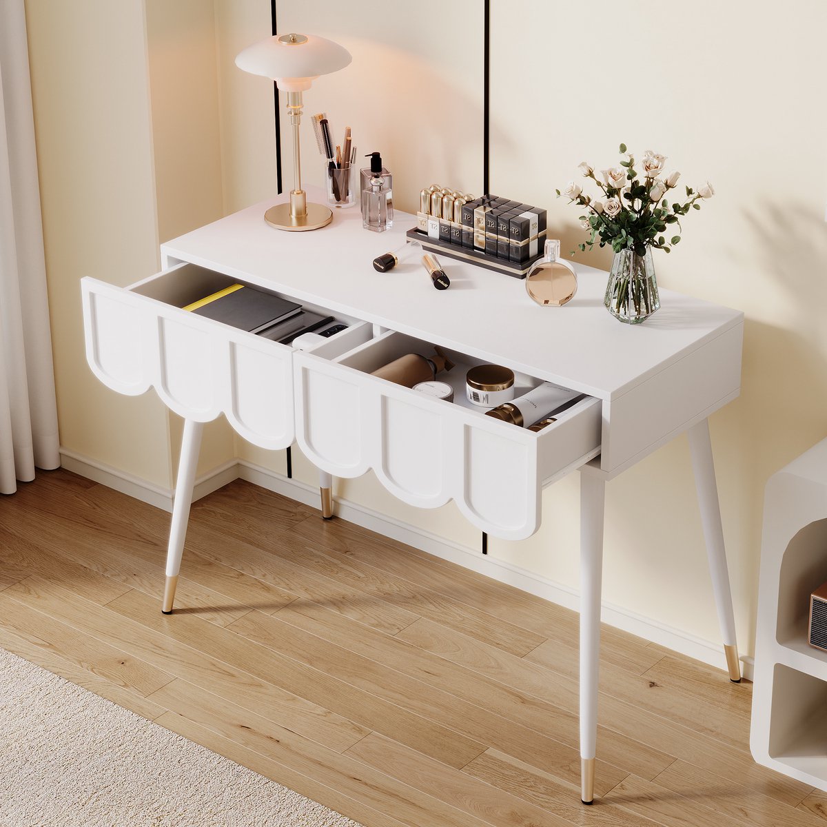 Kaptafel - 100x40x76 cm - 2 Lades met Metalen Poten - Hout en Metaal - Wit