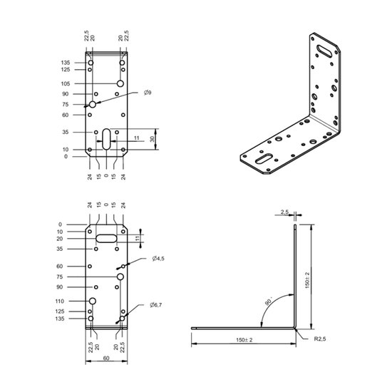Technische tekening van een verzinkt stalen hoekanker met afmetingen.