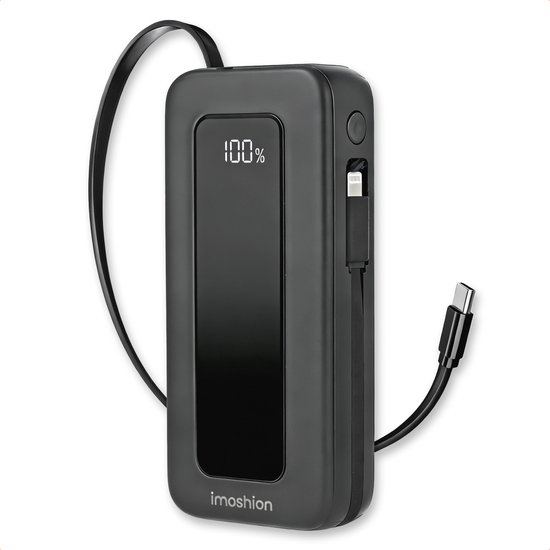 Zwarte imoshion powerbank met een opgeladen percentage van 100% op het digitale display.