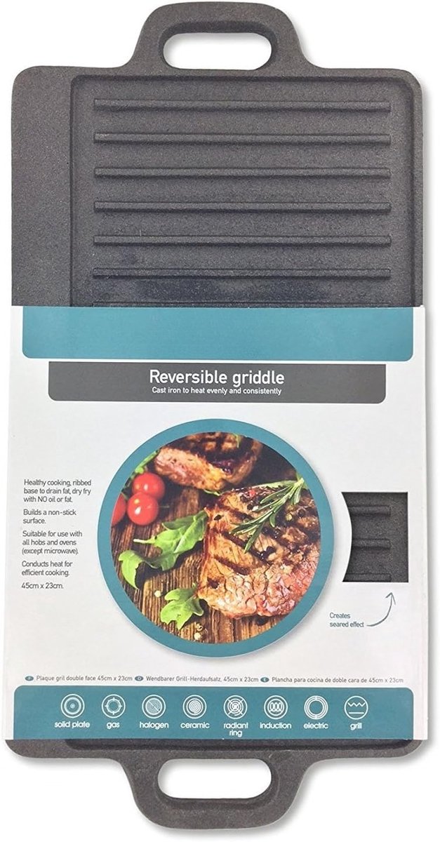 SNJY® Grillplaat Inductie - Bakplaat Inductie - Grill Apparaat - Gietijzeren Pan - 45 x 23 cm - Zwart — afbeelding 2