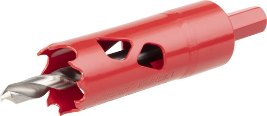 Rode Wolfcraft gatenzaag 22mm met scherpe, kartelige zaagtanden en metaalboor.