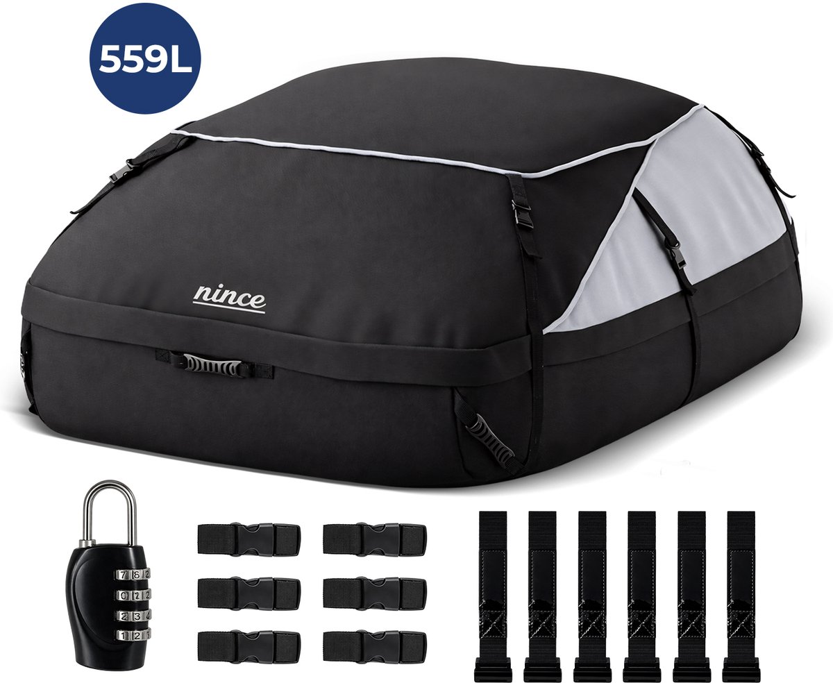 Nince Dakkoffer 559L - Auto Dakkoffer - Waterdichte Daktas - Opvouwbaar - Met en Zonder Dakdragers - Oxford 900D + PVC - Zwart