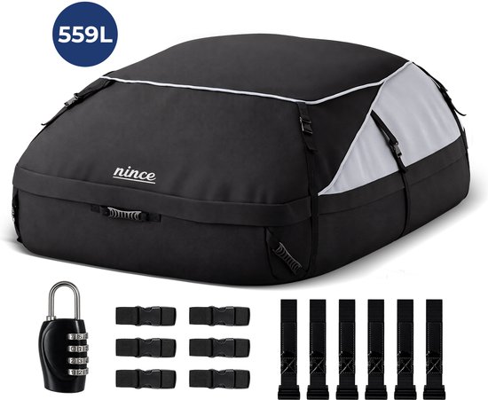Nince Dakkoffer 559L - Auto Dakkoffer - Waterdichte Daktas - Opvouwbaar - Met en Zonder Dakdragers - Oxford 900D + PVC - Zwart