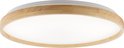 Ronde plafondlamp met een witte diffuser en een houten rand.