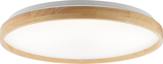 Ronde plafondlamp met een witte diffuser en een houten rand.