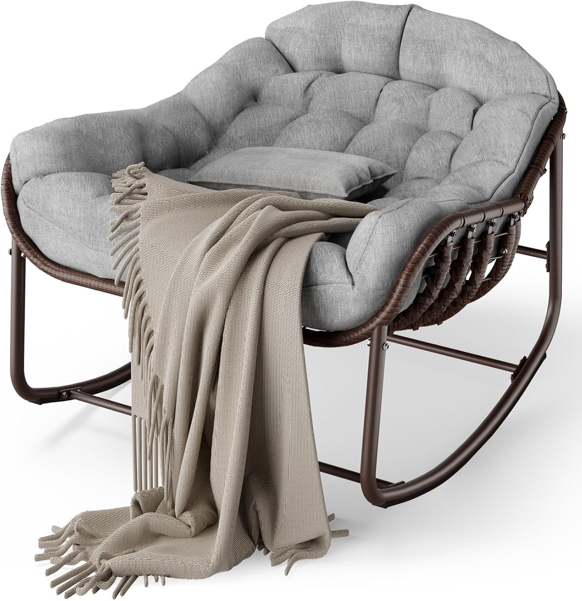 Oversized Papasan Schommelstoel - Egg Chair voor Binnen & Buiten - Inclusief Dik Comfortabel Kussen - Weersbestendig Stalen Frame - Relaxstoel - Donkergrijs