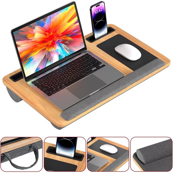 Laptopstandaard met Kussen - Laptopkussen Schoot - Laptop Tray with Cushion - Laptoptafel Bamboe - Laptopkussen voor Bed en Bank - Laptop Stand Wood