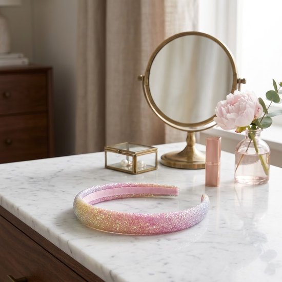 Roze, paarse en gele glitter haarband met een ombre effect, op een marmeren tafel.