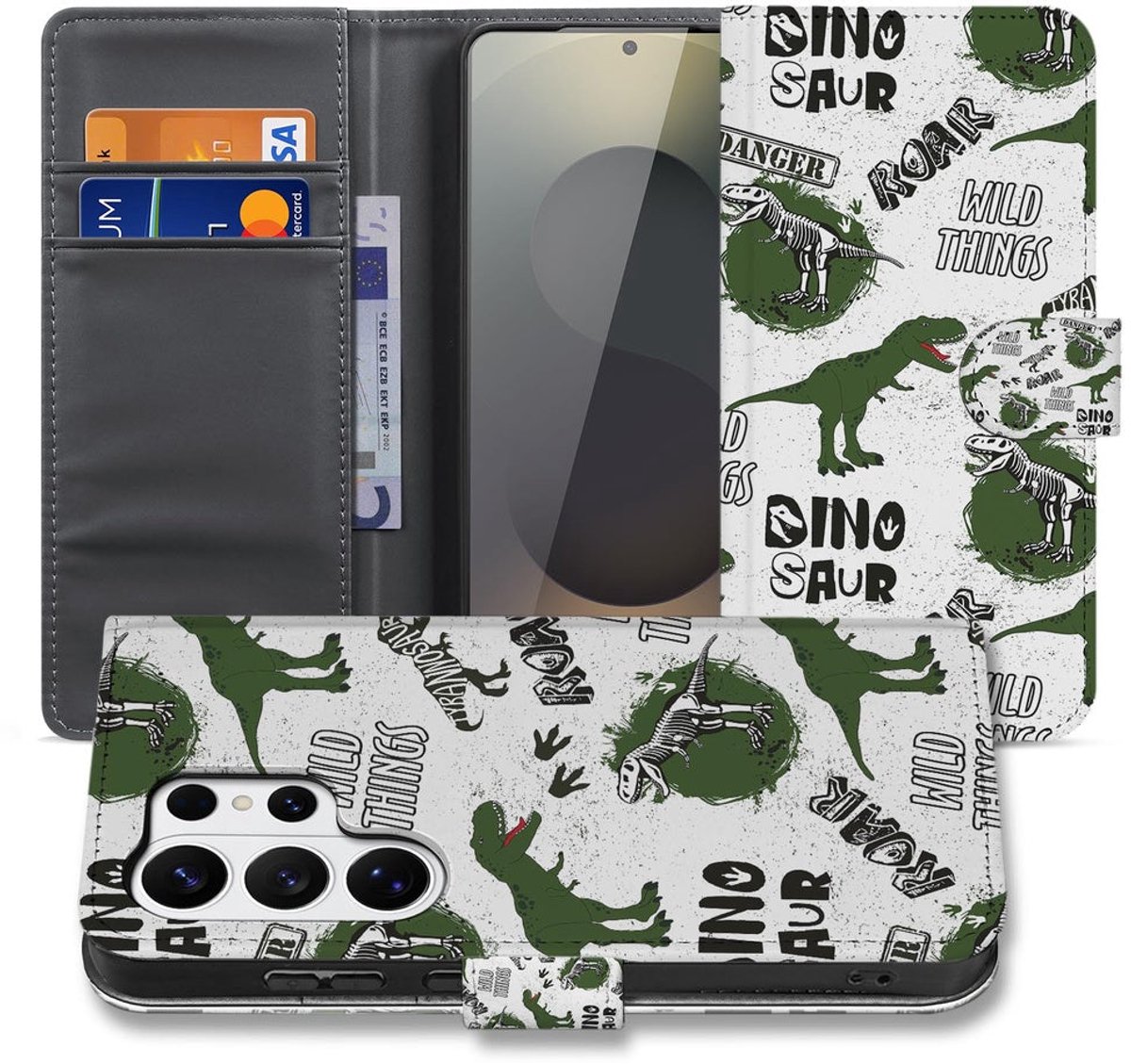 Samsung Galaxy S26 Ultra Portemonnee Hoesje Met Pasjes Dino Print Portemonnee Hoesje