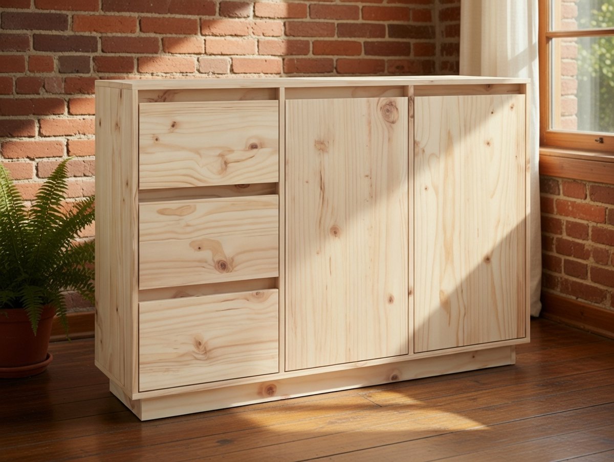 Multifunctionele Dressoirkast met 2 Deuren en 3 Laden – Massief Grenenhout Opbergkast 111x34x75 cm – Landelijke Sideboard Kast voor Woonkamer, Hal, Slaapkamer en Kantoor – Naturel – Novihome