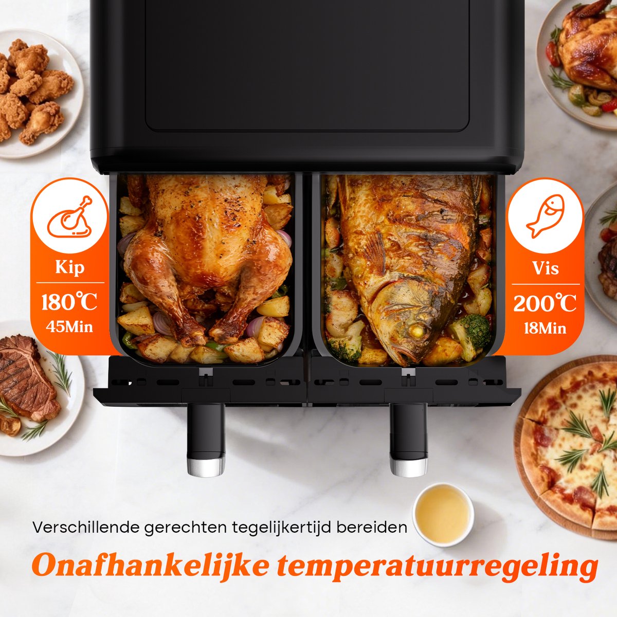 Dubbele Airfryer XXL 10L (2×5L) – 8 Automatische Programma’s – Grote Capaciteit voor 6 Personen – 2500W Krachtig Vermogen – Dual-Zone 2 Manden met SYNC Technologie – Gezond Frituren Zonder Olie – Met Kijkvenster – Zwart — afbeelding 5