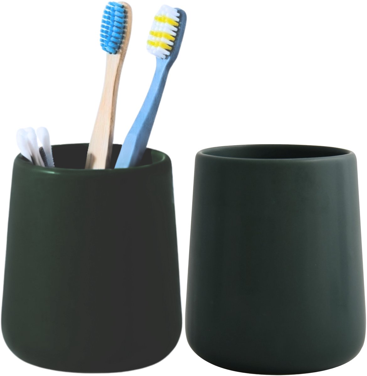 Bathroom Solutions Badkamer beker / tandenborstelhouder Earth Serie - 2x - Keramiek - donkergroen - 8 x 10 cm