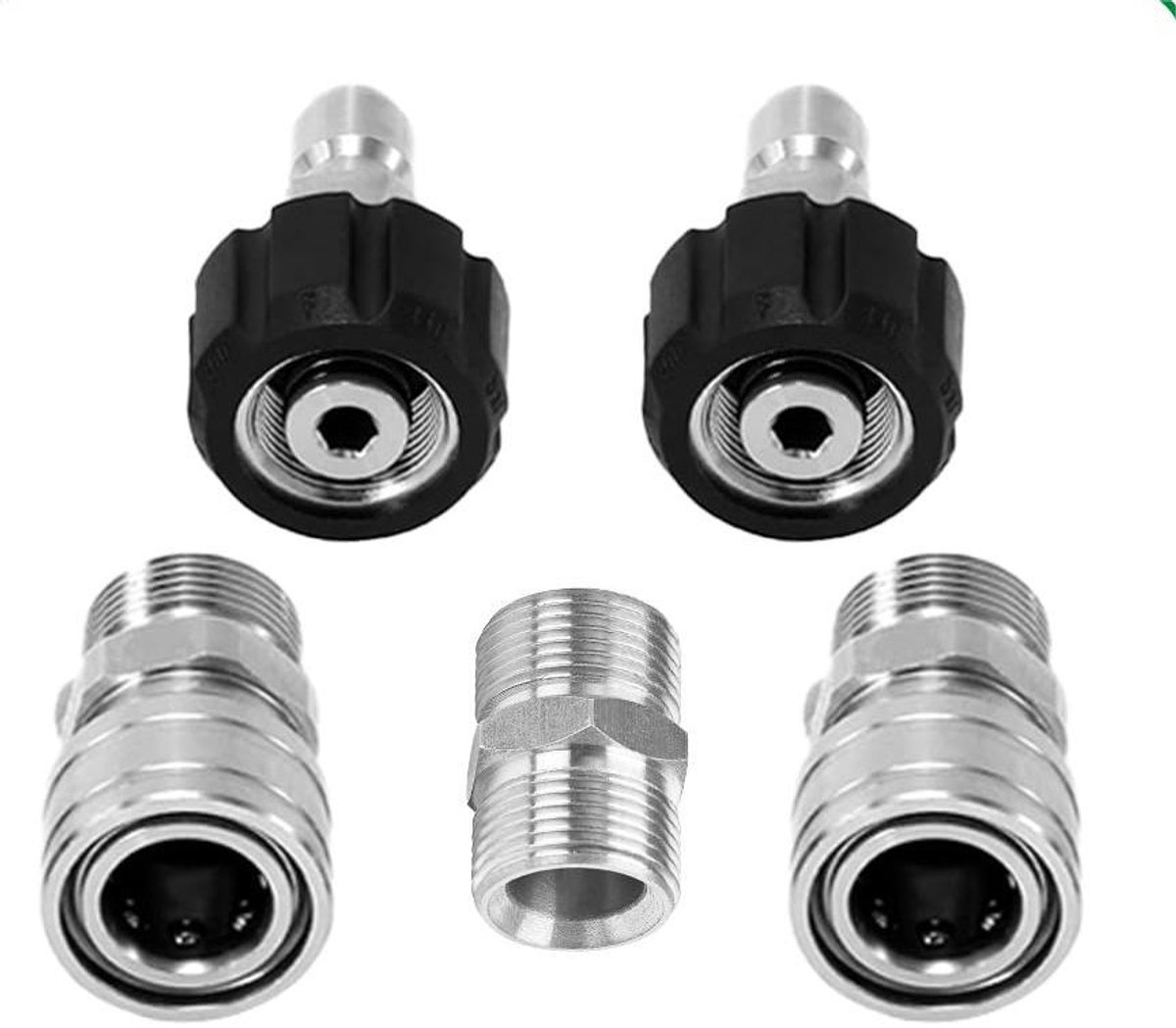 Roestvrijstalen hogedrukreiniger accessoires, adapter, snelaansluiting, set, roestvrij staal, 3/8, vijfdelige set (22-14)