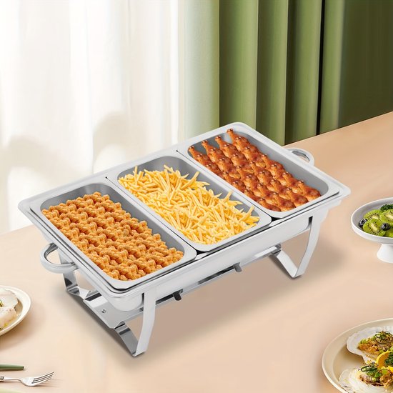 Roestvrijstalen Geïsoleerde Voedselbak Hot Pot Container Buffetset, 3-Vaks Warmhouderschaal, Grote Capaciteit, Geschikt voor Feesten, Catering Evenementen, Buffetten en Feestdagen — afbeelding 5