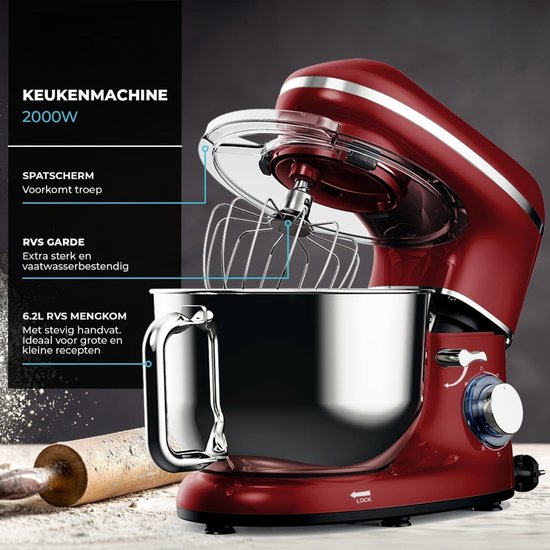 Quvo® Deegmachine - Elektrische Deegmixer - Keukenmixer - 6.2L - Mixen en Mengen- Rood - 38cm x 24cm x 32cm van Quvo — afbeelding 4