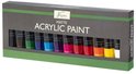 Doos met matte acrylverf tubes. De kleuren zijn zwart, bruin, groen, blauw, lichtblauw, paars, roze, rood, oranje, geel en wit.